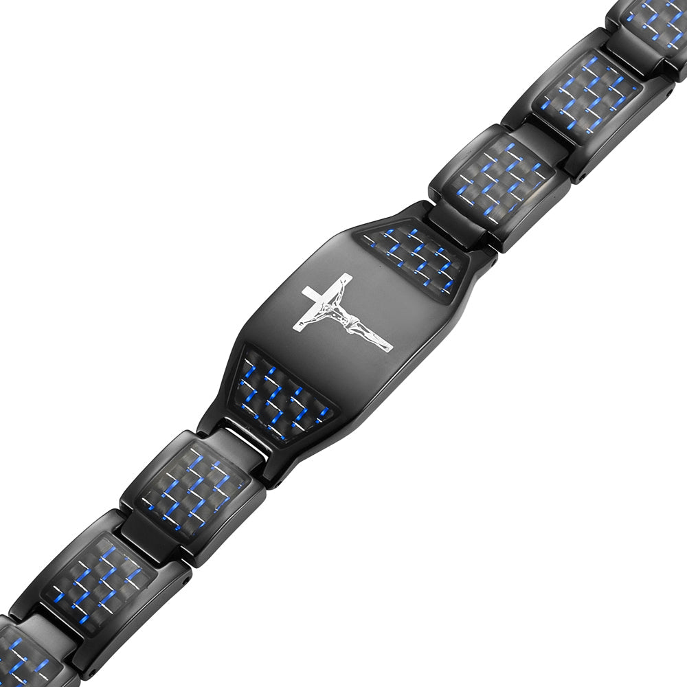 Men's Black Titanium Magnetic Bracelet - Black Carbon Fibre and Crucifix