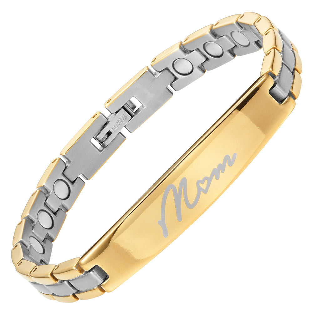 Ladies Gold Two Tone Titanium Magnetic Therapy Bracelet Engraved Mom