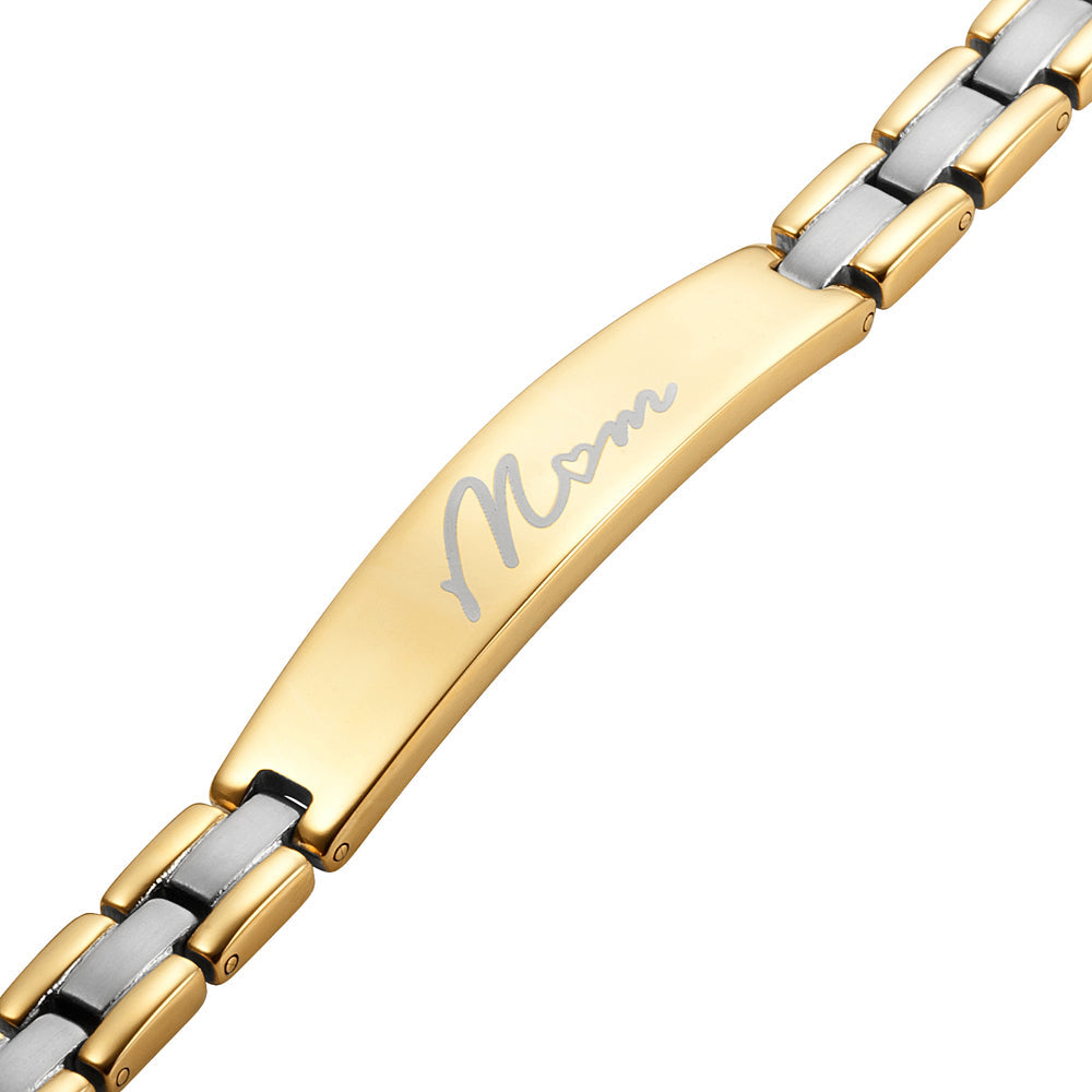 Ladies Gold Two Tone Titanium Magnetic Therapy Bracelet Engraved Mom